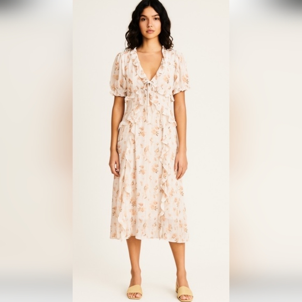 NWOT Storia Cream Floral Midi Dress Bohemian Size L